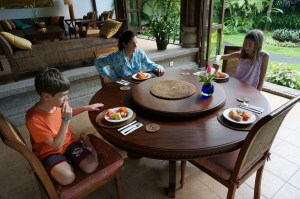 Our first breakfast - everyone looks a little tired..