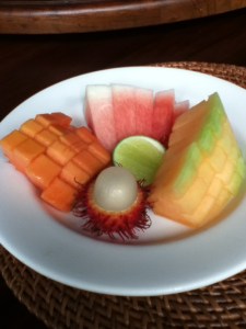 Breakfast fruit- includes a rambutan which cost @ $8 at whole foods in LA. They taste like a big peeled grape. Allie loves them!